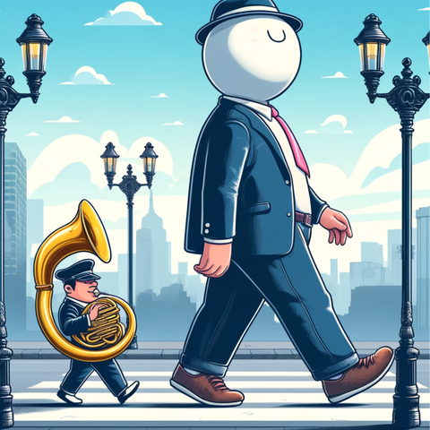 Fat Person Walking and Tuba Player Following Behind